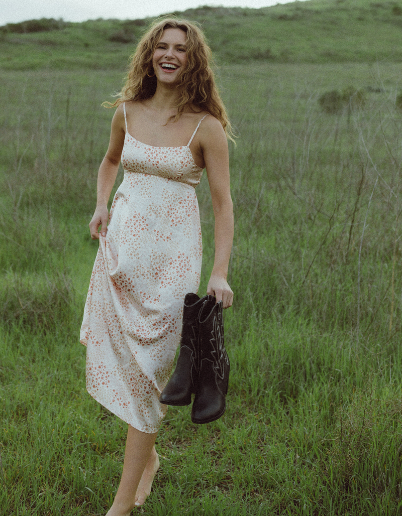 WEST OF MELROSE Satin Ditsy Open Back Womens Midi Dress image number 0