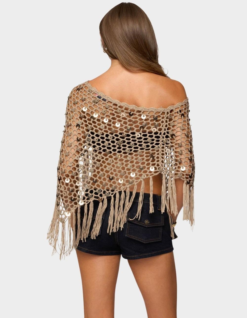 EDIKTED Fringe Sequin Crochet Poncho image number 2