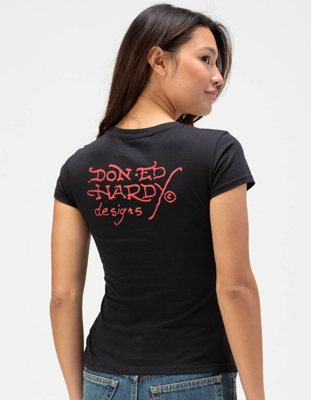 ED HARDY Rhinestone Tiger Head Womens Fitted Tee - BLACK