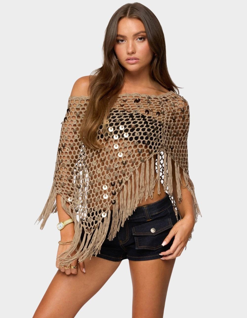 EDIKTED Fringe Sequin Crochet Poncho image number 0