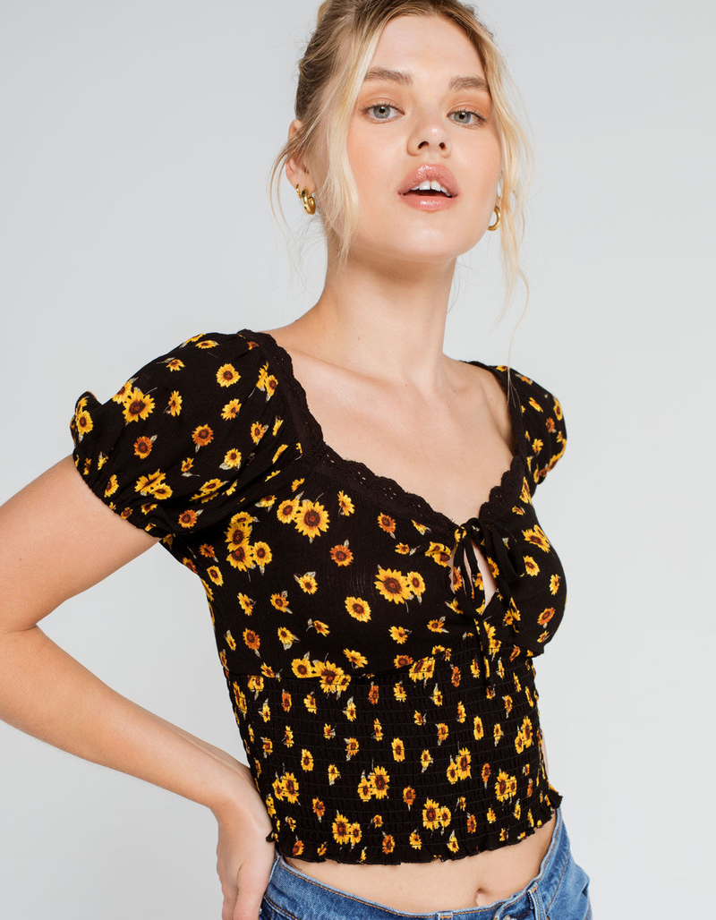IVY & MAIN Sunflower Crochet Trim Womens Top image number 1