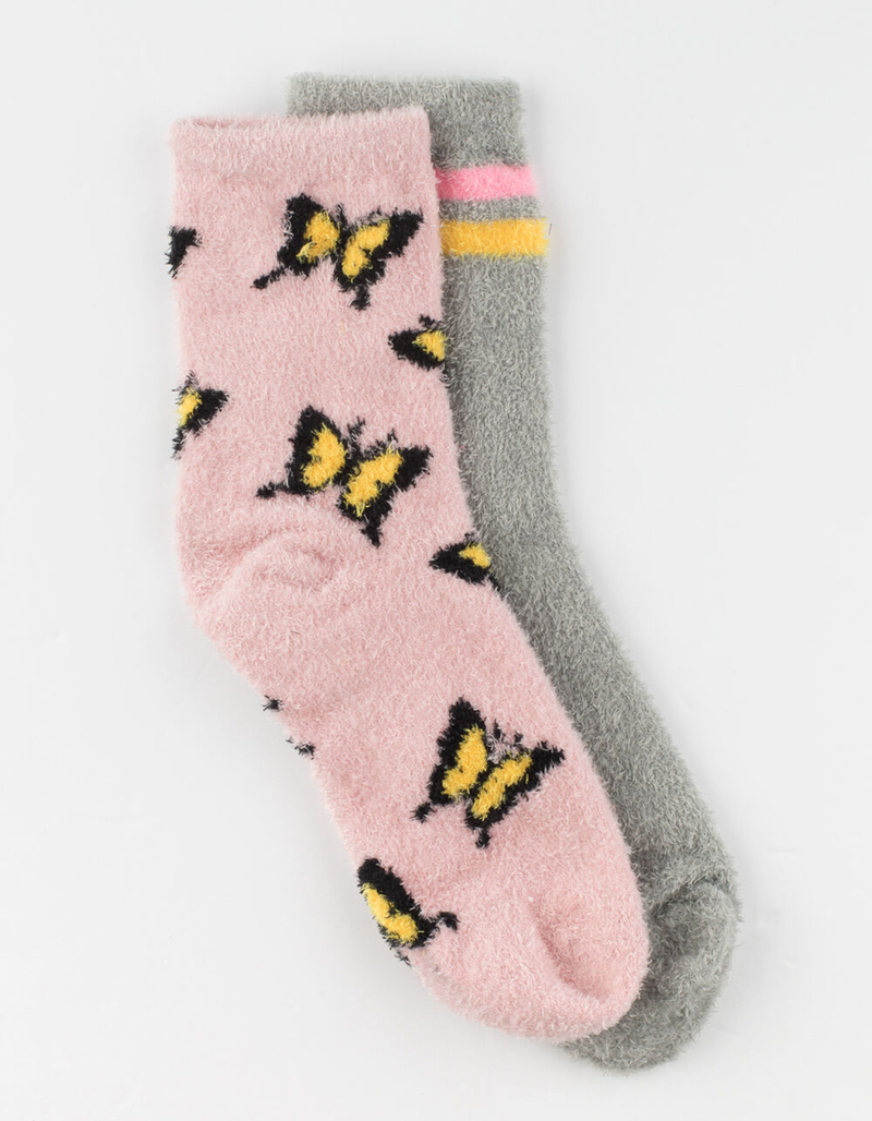 FULL TILT 2 Pack Butterfly Stripe Cozy Womens Crew Socks image number 0