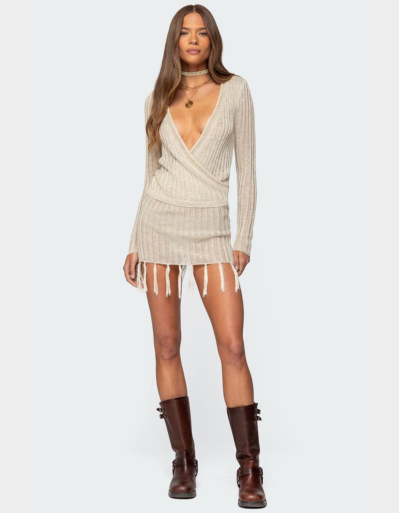 EDIKTED Tassel Knit Wrap Mini Dress image number 0