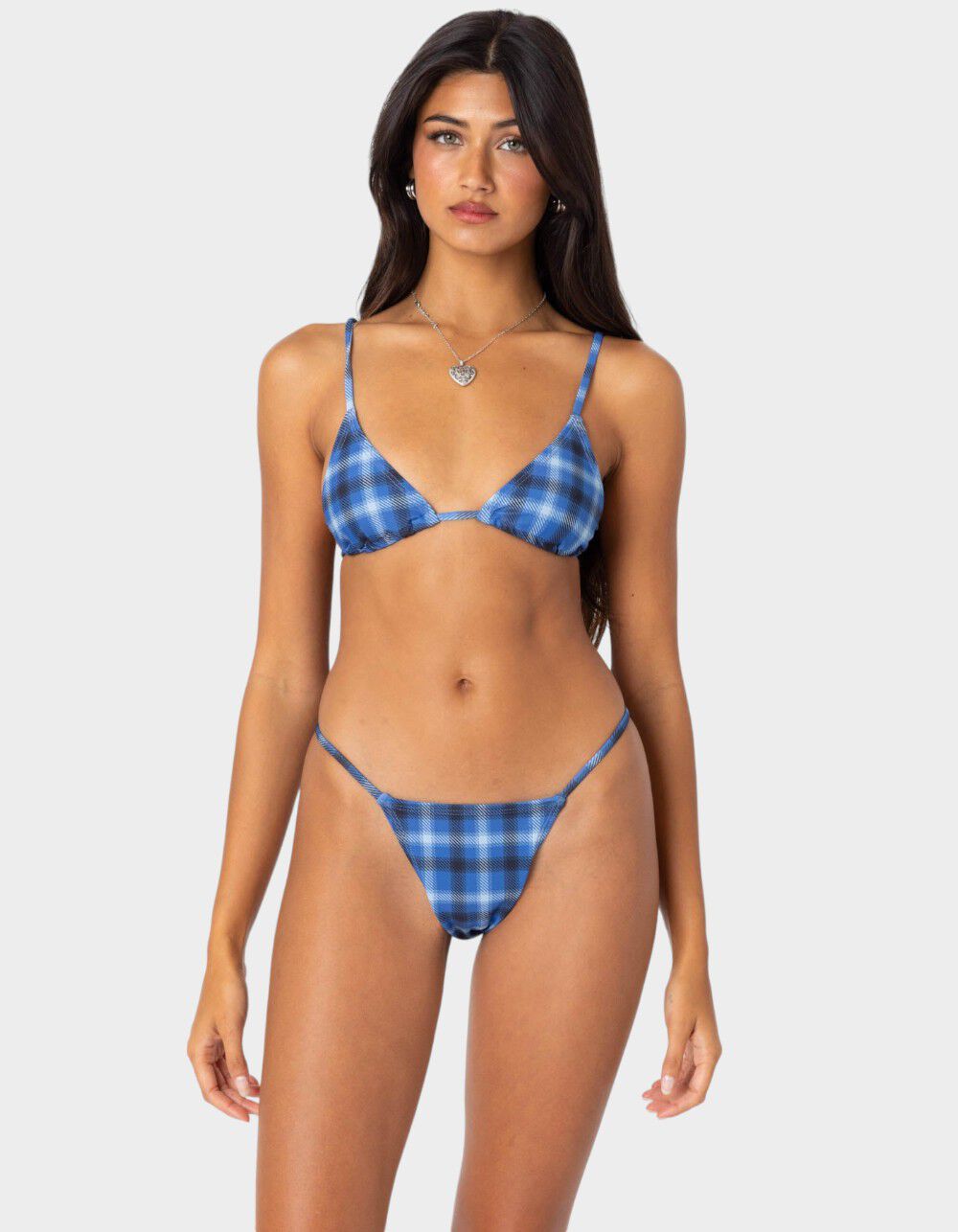 EDIKTED Preppy Plaid Triangle Bikini Top - BLUE - XL | Tillys