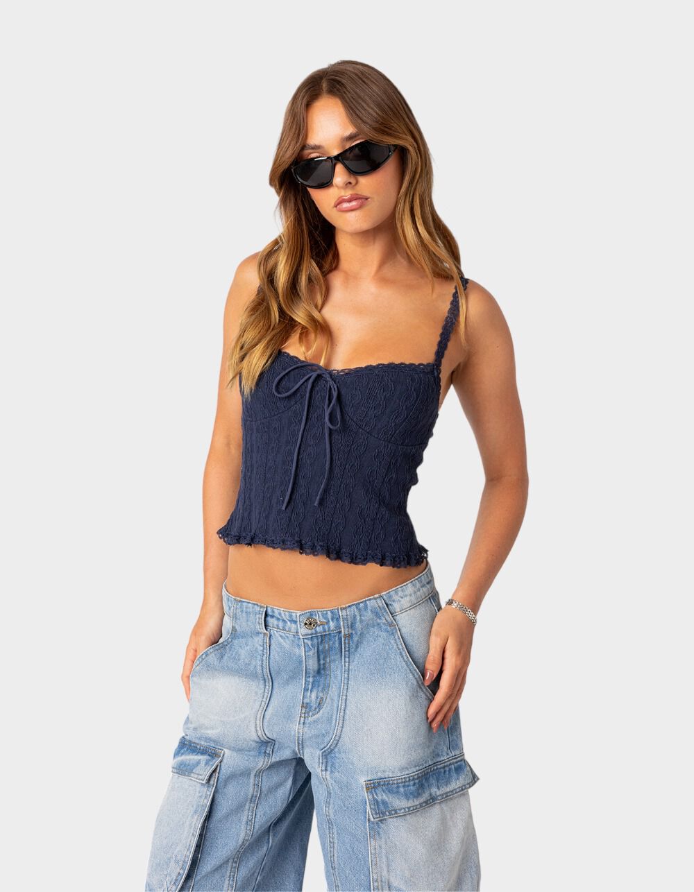 EDIKTED Lacey Knit Tank Top - NAVY | Tillys