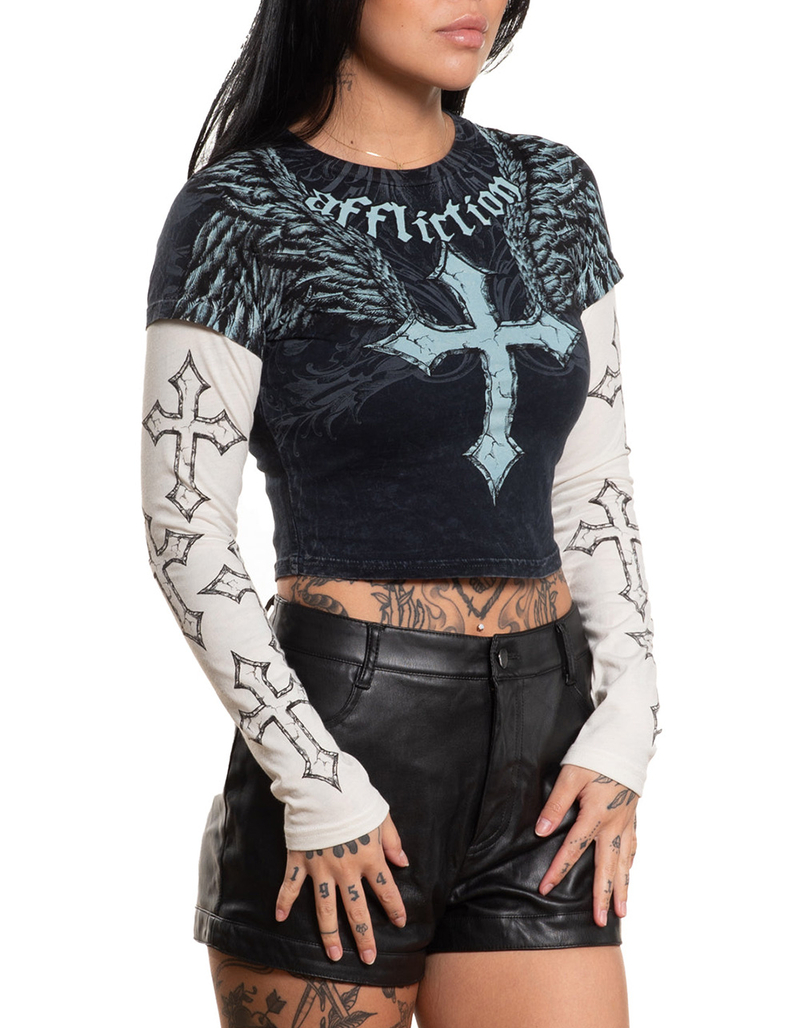 AFFLICTION Criss Cross Womens Long Sleeve 2fer Tee image number 3