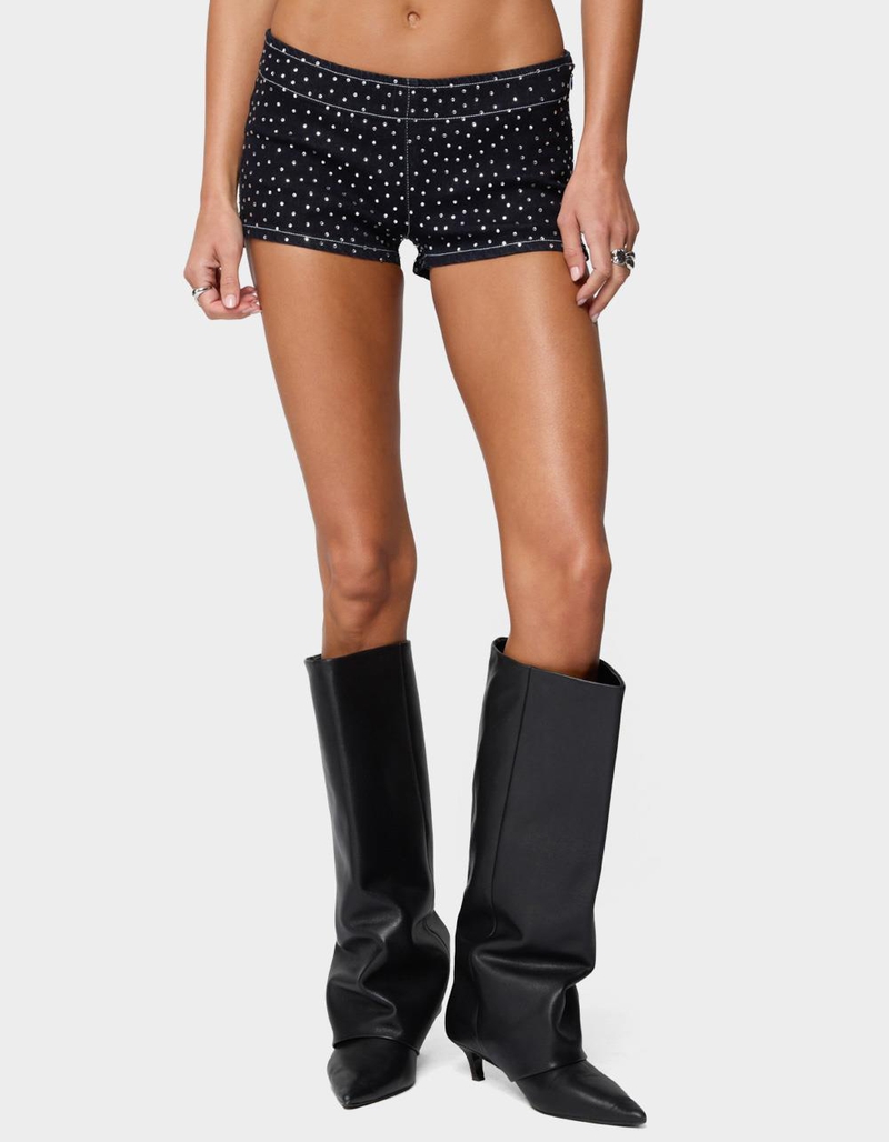 EDIKTED Moirah Rhinestone Denim Micro Shorts image number 0