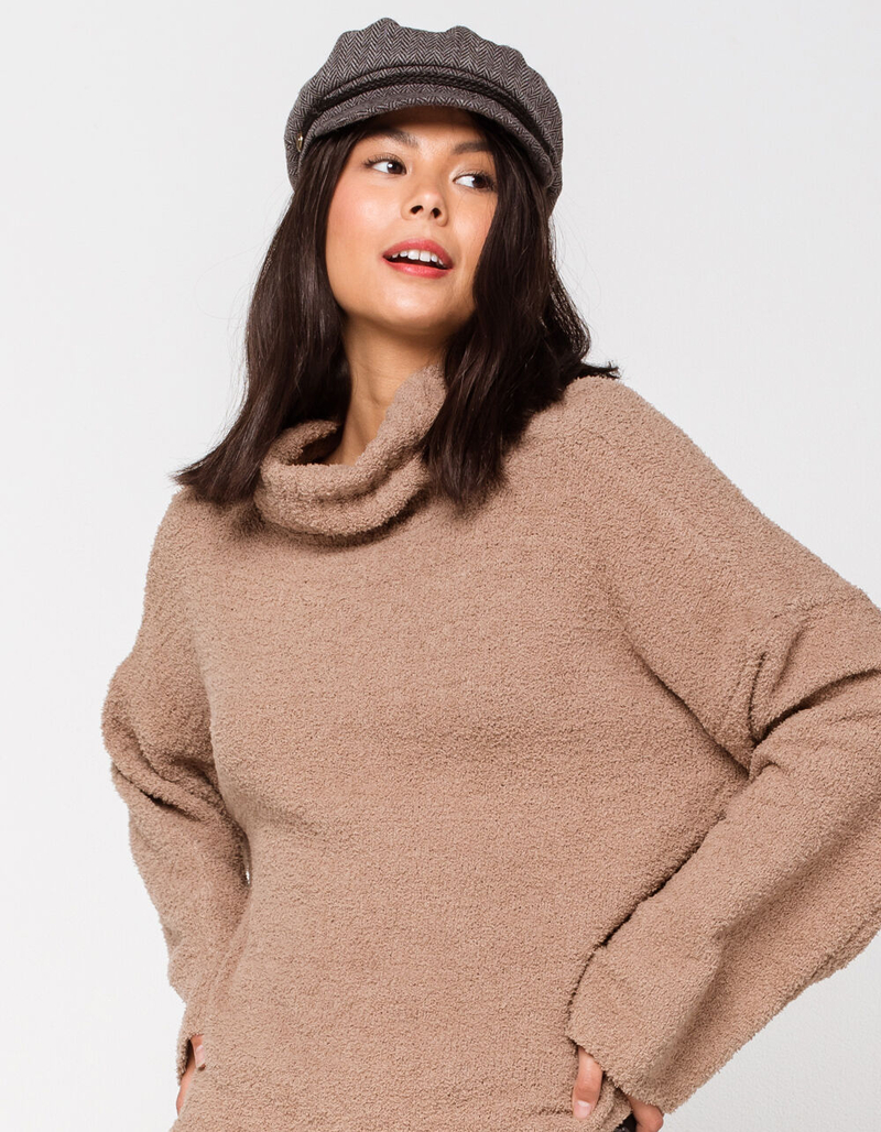 SKY AND SPARROW Fuzzy Cowl Taupe Womens Bell Sleeve Sweater image number 0