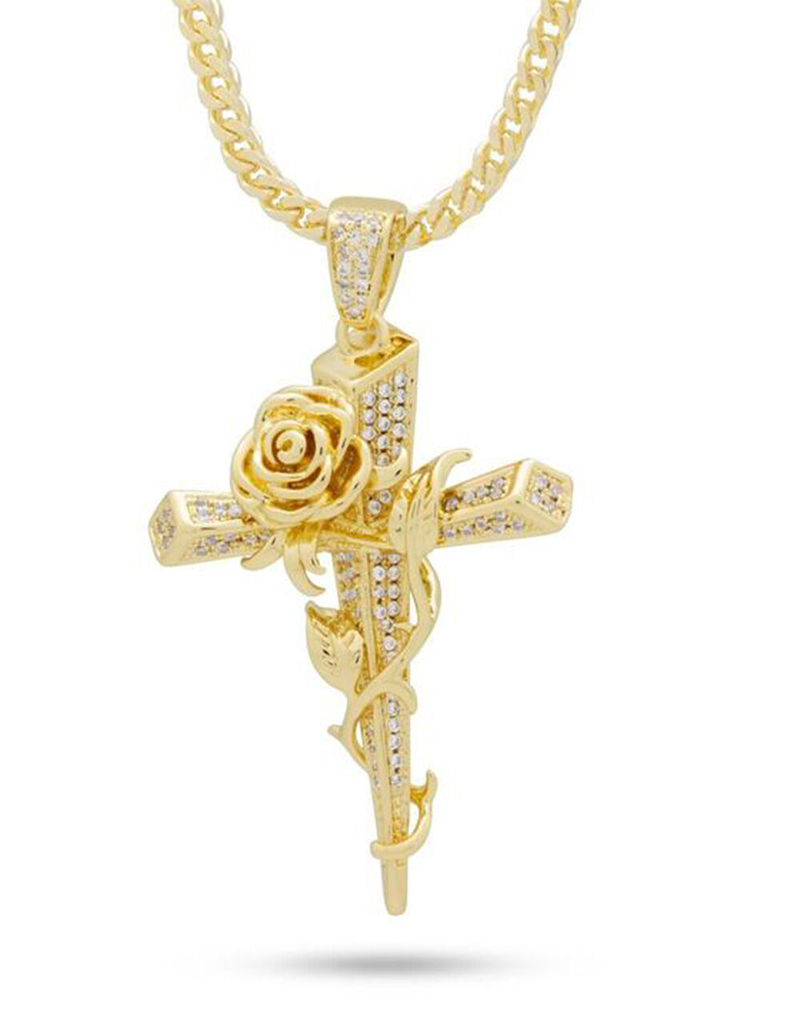 KING ICE Rose Thorned Cross Mens Necklace image number 1