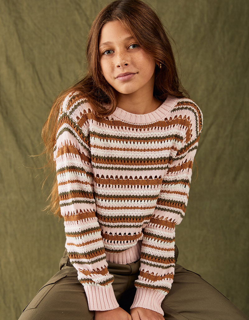 FULL TILT Stripe Open Weave Girls Pullover Sweater image number 0