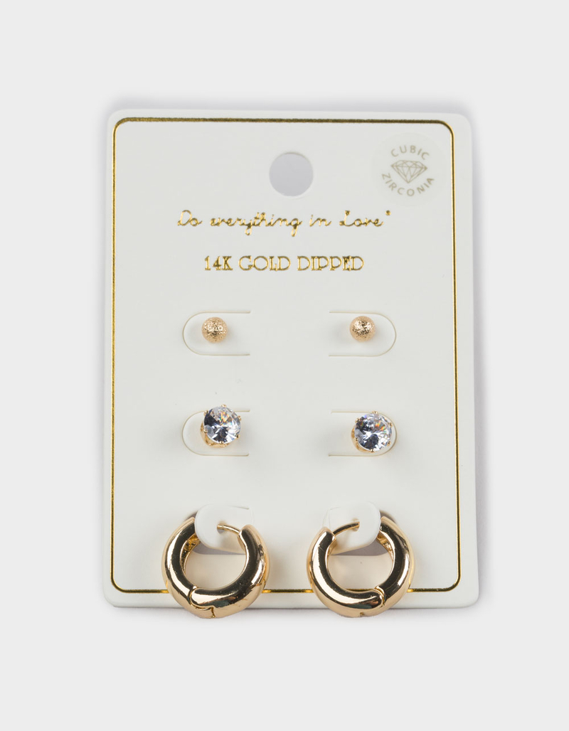 DO EVERYTHING IN LOVE 14K Gold Dipped 3 Pack Earrings image number 1