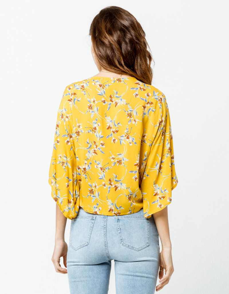 POLLY & ESTHER Kimono Floral Tie Front Mustard Womens Top image number 2