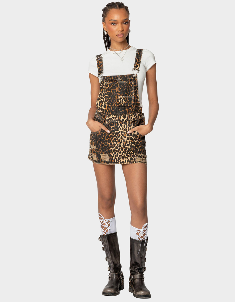 EDIKTED Leopard Denim Overall Mini Dress image number 4