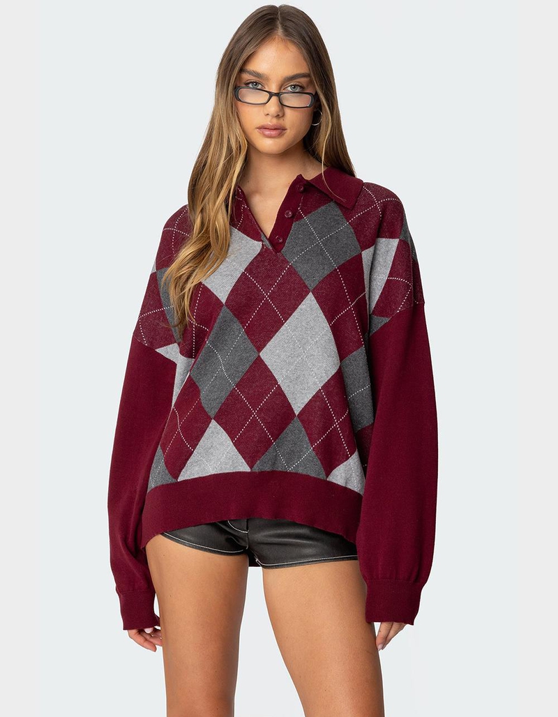 EDIKTED Argyle Oversized Polo Sweater image number 0