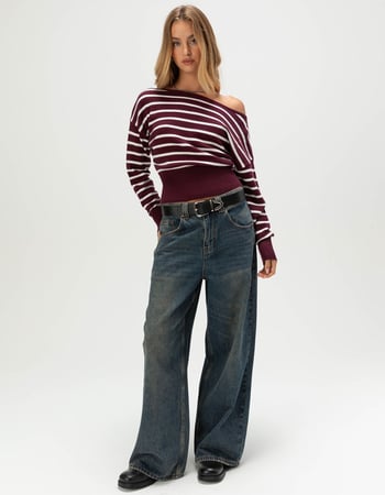 RSQ Womens High Rib Stripe Off The Shoulder Sweater Alternative Image