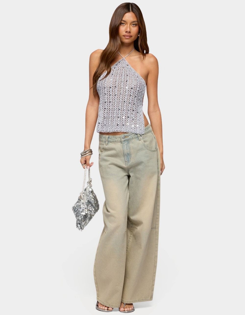 EDIKTED Thaly Backless Sequin Crochet Halter Top image number 4