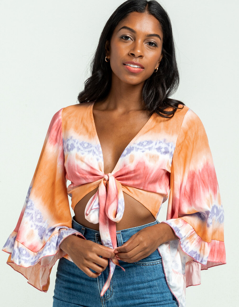 MILEY AND MOLLY Tie Dye Bell Sleeve Tie Front Top image number 0