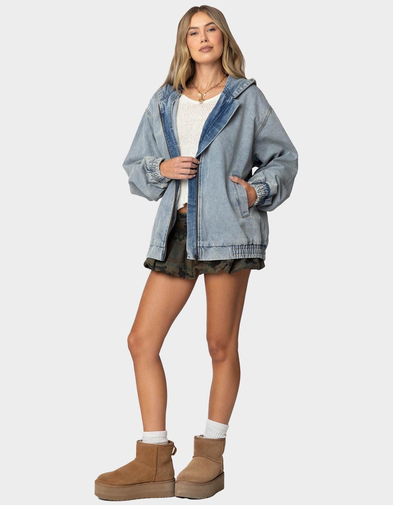 EDIKTED Hooded Vintage Washed Denim Bomber Jacket image number 2