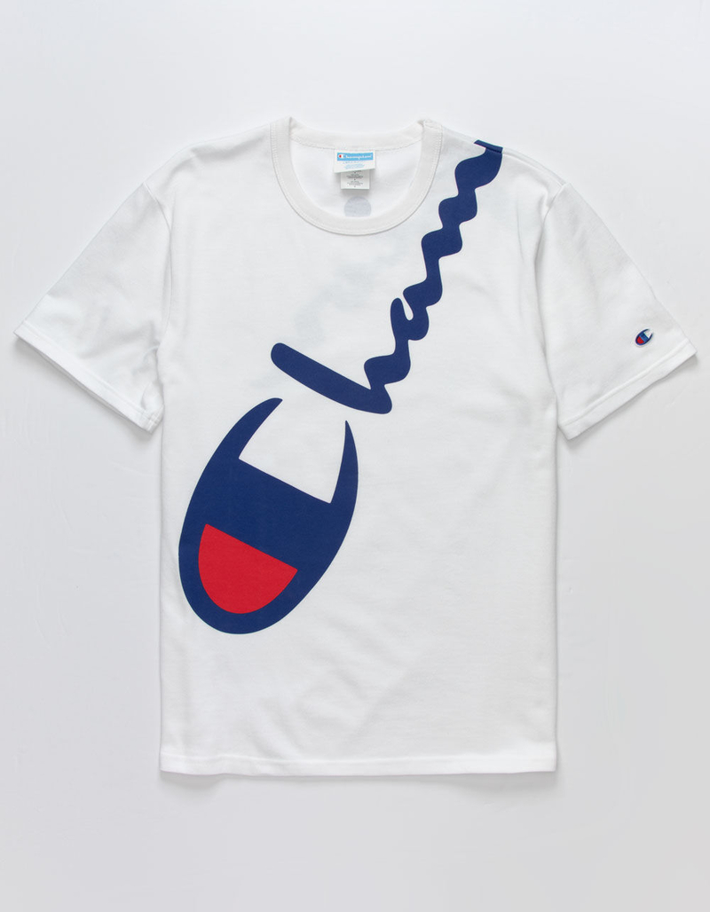 CHAMPION Diagonal Shoulder Script Mens White T-Shirt image number 0