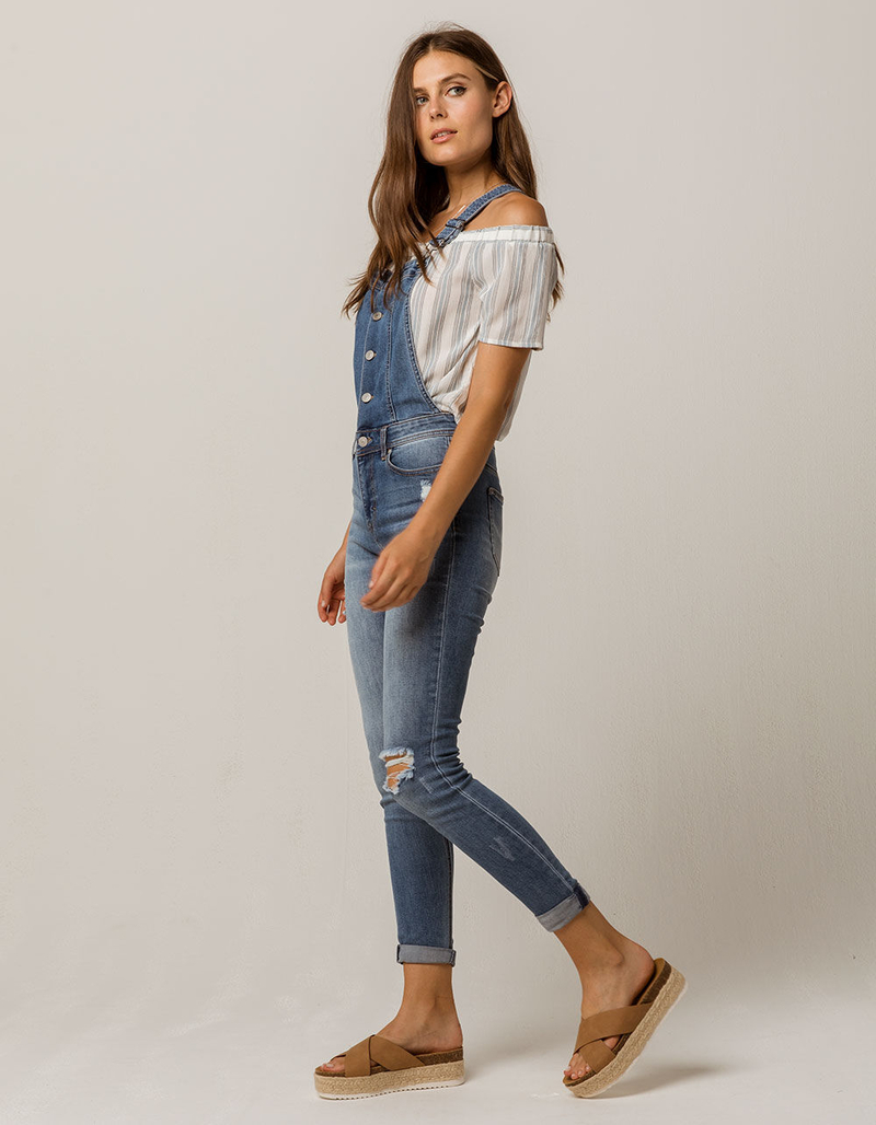 SKY AND SPARROW Skinny Button Front Womens Ripped Overalls image number 1