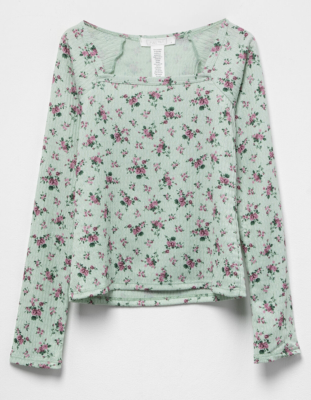 FULL TILT Textured Floral Square Neck Girls Long Sleeve Top