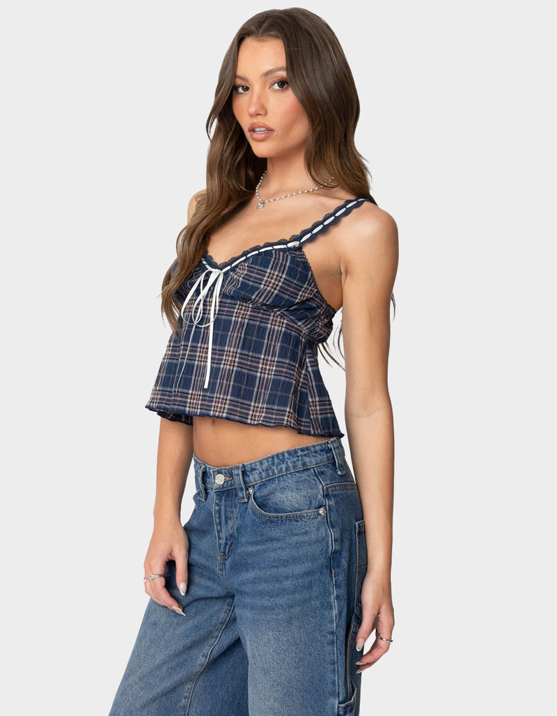 EDIKTED Plaid Lace Trim Tank Top image number 2