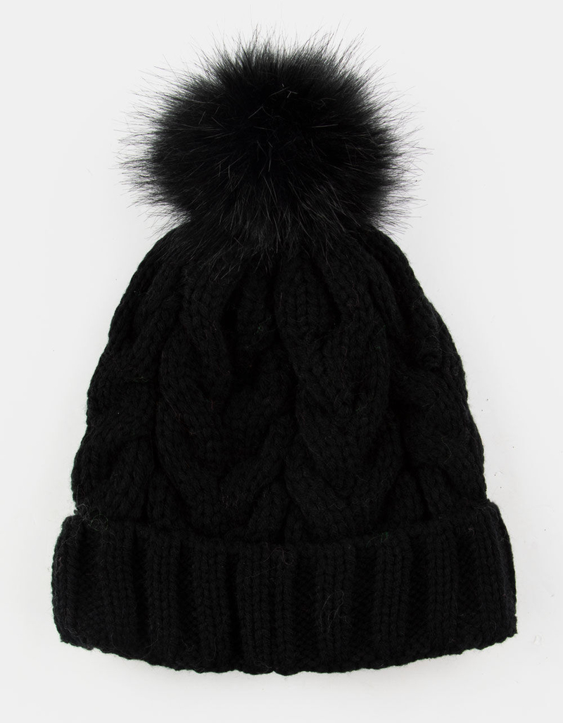 AQUARIUS Cable Knit Faux Fur Pom Black Womens Beanie image number 0