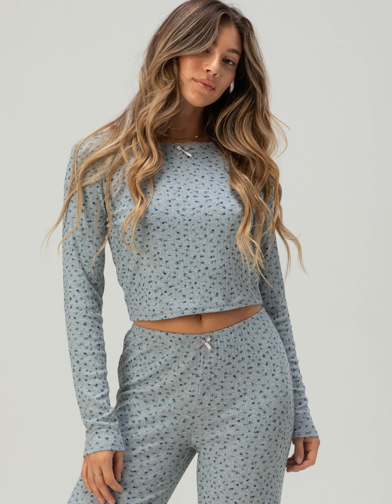 FULL TILT Pointelle Floral Lace Trim Long Sleeve Tee image number 0