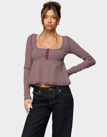 EDIKTED Sare Striped Babydoll Henley Top Primary Image