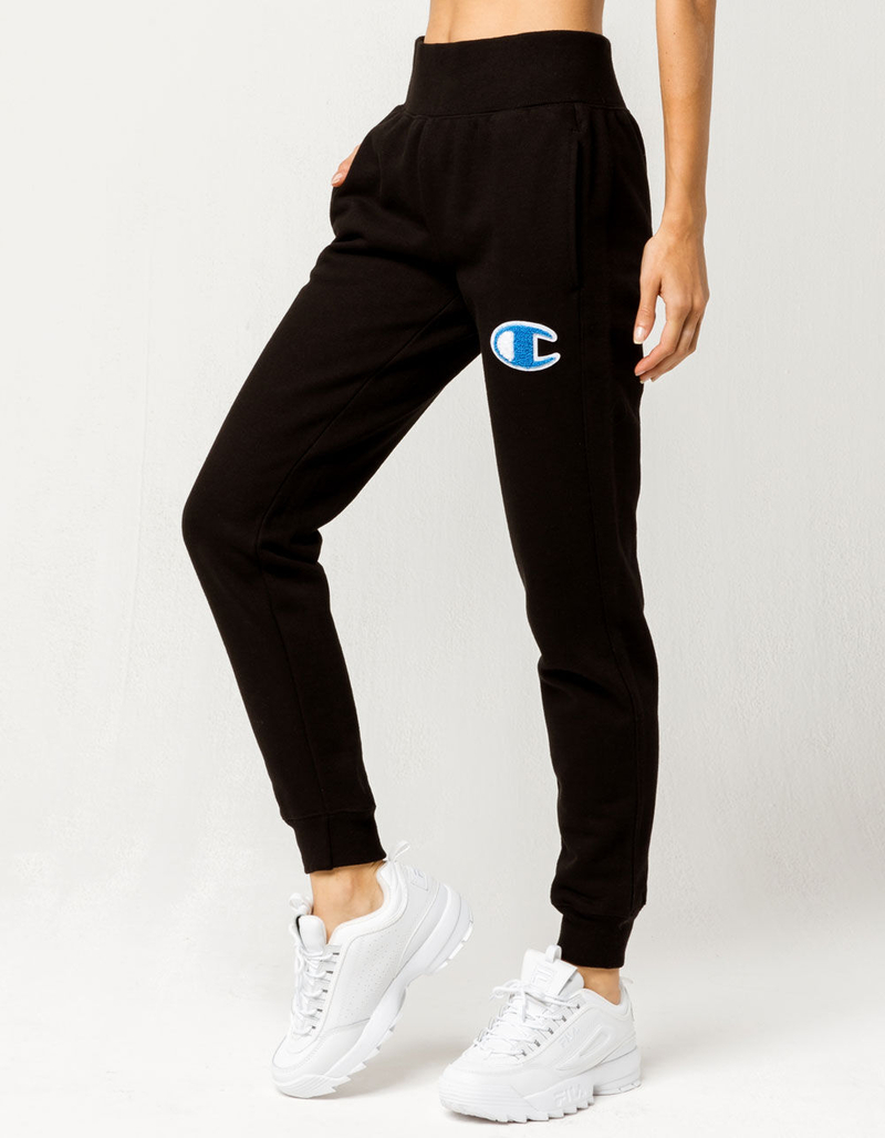 CHAMPION Reverse Weave Chenille Logo Black Womens Jogger Pants image number 1