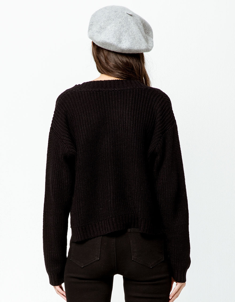19298 V Neck Crop Plush Jumper - Black