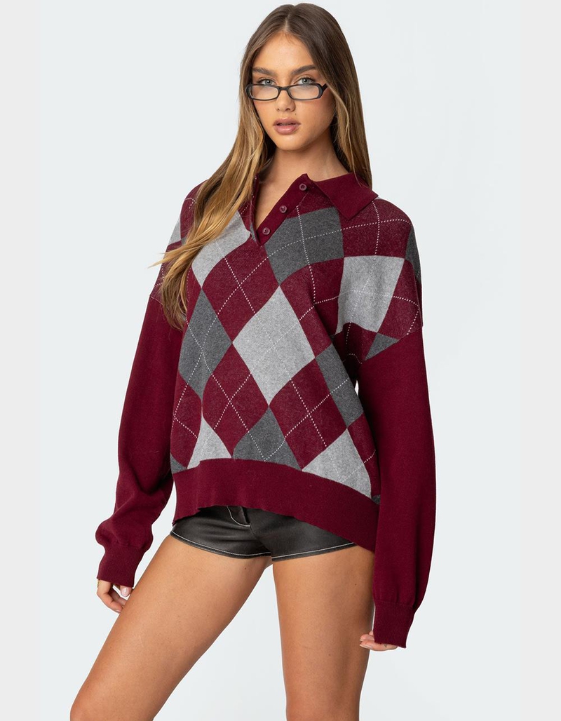 EDIKTED Argyle Oversized Polo Sweater image number 2