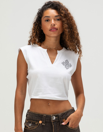 TRUE RELIGION Crystal Logo Crest Womens Notch Crop Baby Tee Alternative Image
