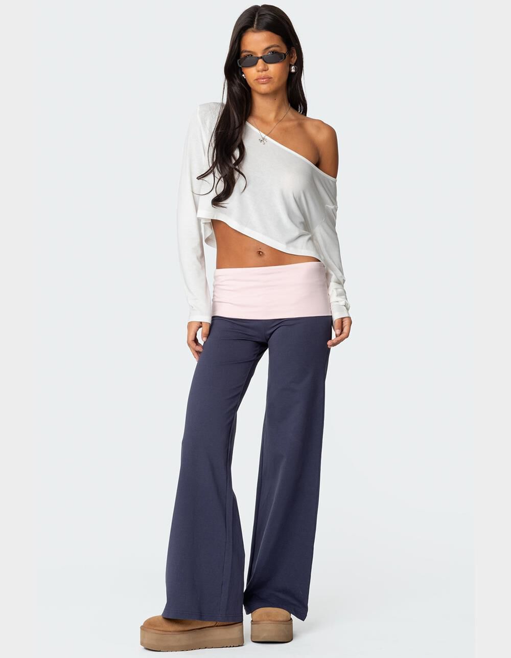 EDIKTED Wide Leg Contrast Fold Over Pants - NAVY | Tillys