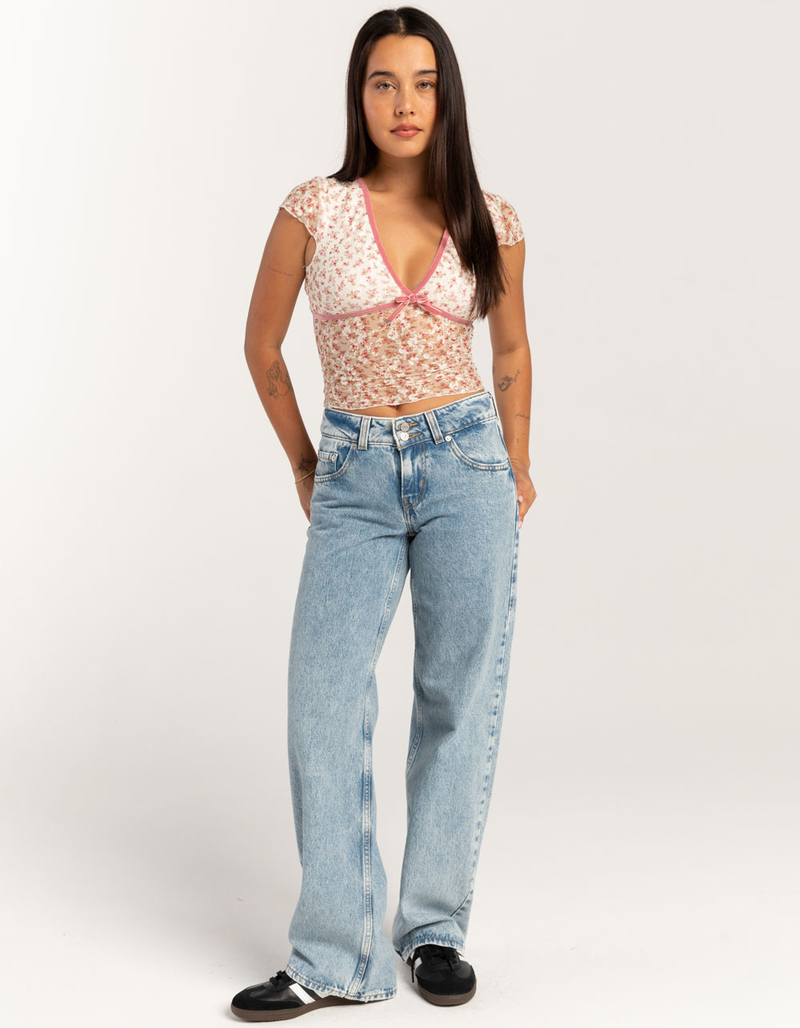 FULL TILT Printed Lace Womens V-Neck Top image number 1