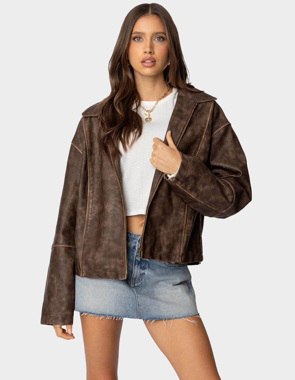 EDIKTED Oversized Washed Faux Leather Jacket - BROWN | Tillys