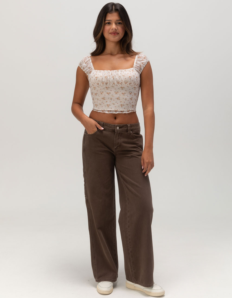 FULL TILT Print Rouched Lace Womens Top image number 1