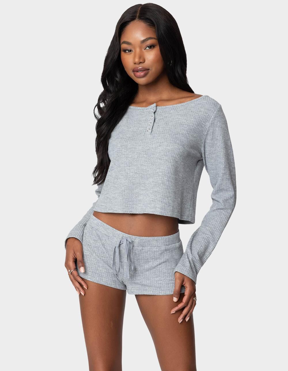 EDIKTED Teddy Cropped Waffle Top - GRAY | Tillys