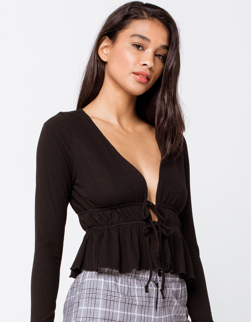 MILEY & MOLLY Ribbed Tie Front Womens Peplum Top image number 1