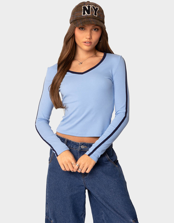 EDIKTED Contrast V-Neck Long Sleeve Tee Primary Image
