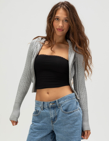 RSQ Womens Cable Knit Zip-Up Hooded Sweater Primary Image
