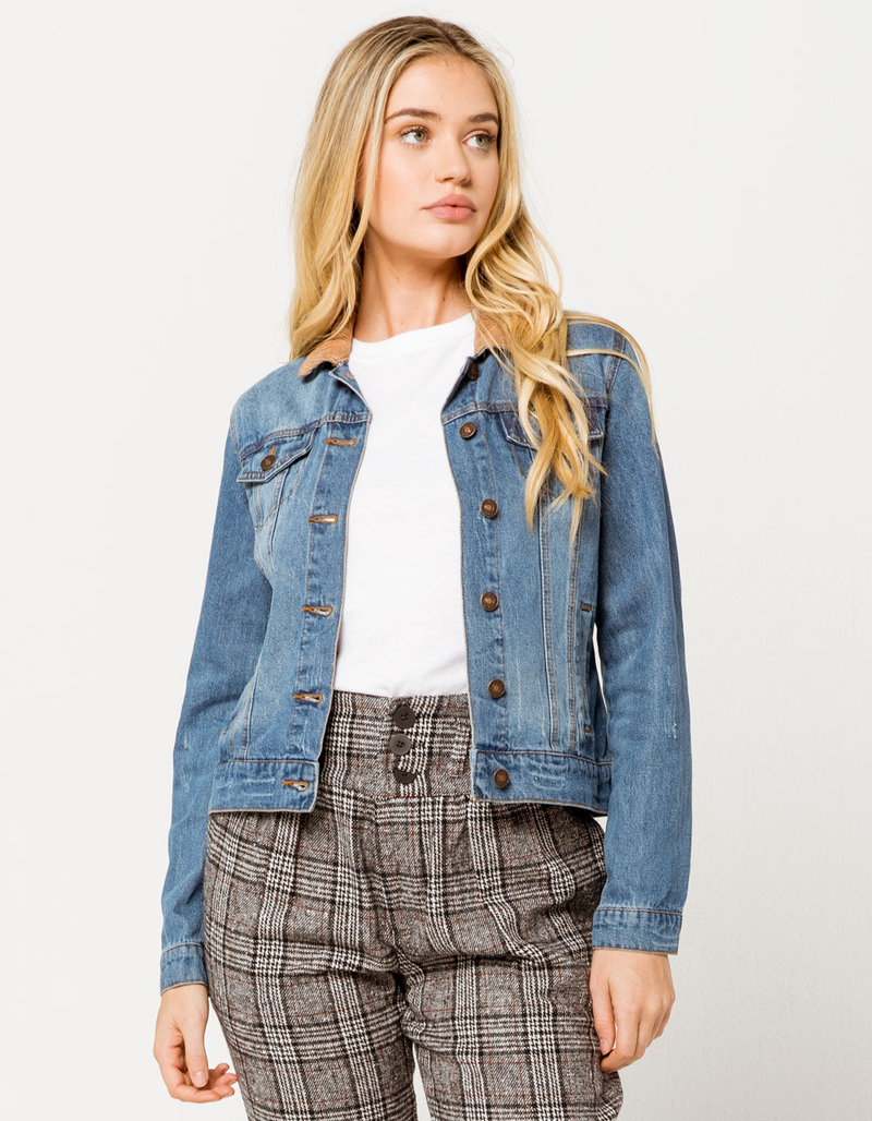 SKY AND SPARROW Corduroy Collar Womens Denim Jacket image number 0