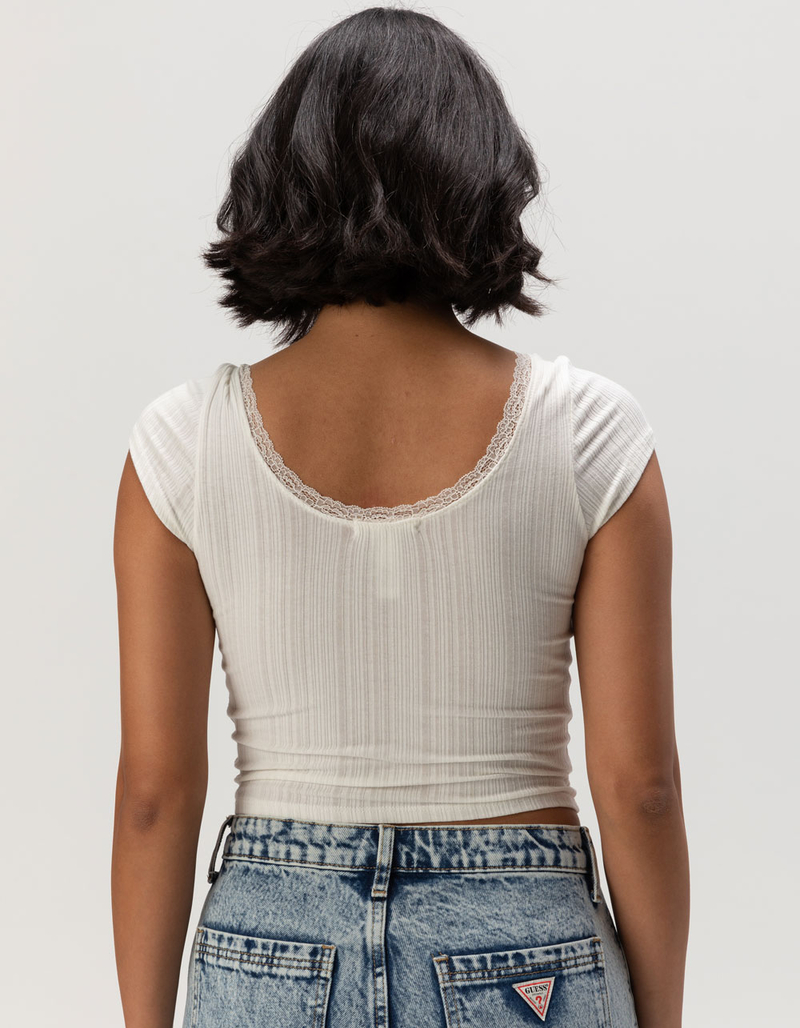 FULL TILT Texture Lace Trim Womens Crop Top image number 3