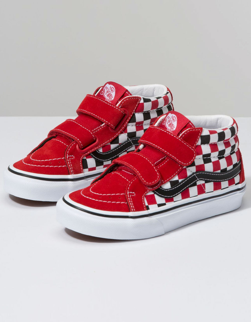 VANS Checkerboard Sk8-Mid Reissue V Black & Racing Red Boys Velcro Shoes image number 0