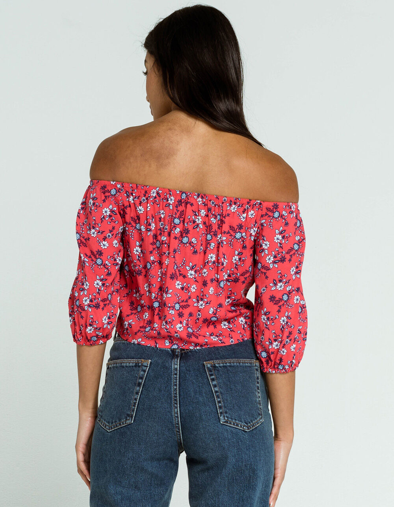 LOVE FIRE Button Off The Shoulder Tie Front Womens Red Top image number 2