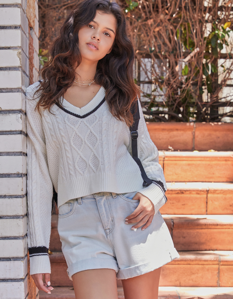 RSQ Womens Varsity Cable V Neck Sweater image number 4