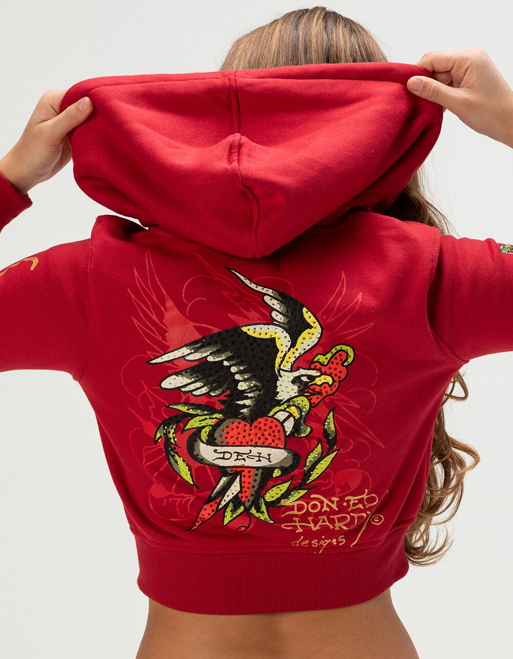 ED HARDY Eagle Tiger Womens Zip-Up Rhinestone Hoodie - RED - L