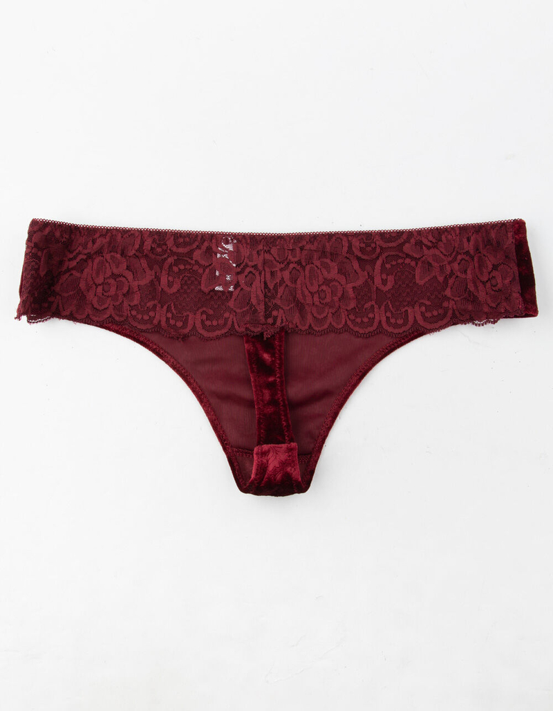 FULL TILT Velvet Lace Back Burgundy Thong image number 1