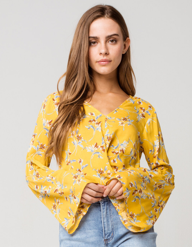 POLLY & ESTHER Printed Bell Sleeve Tie Front Womens Mustard Top image number 0