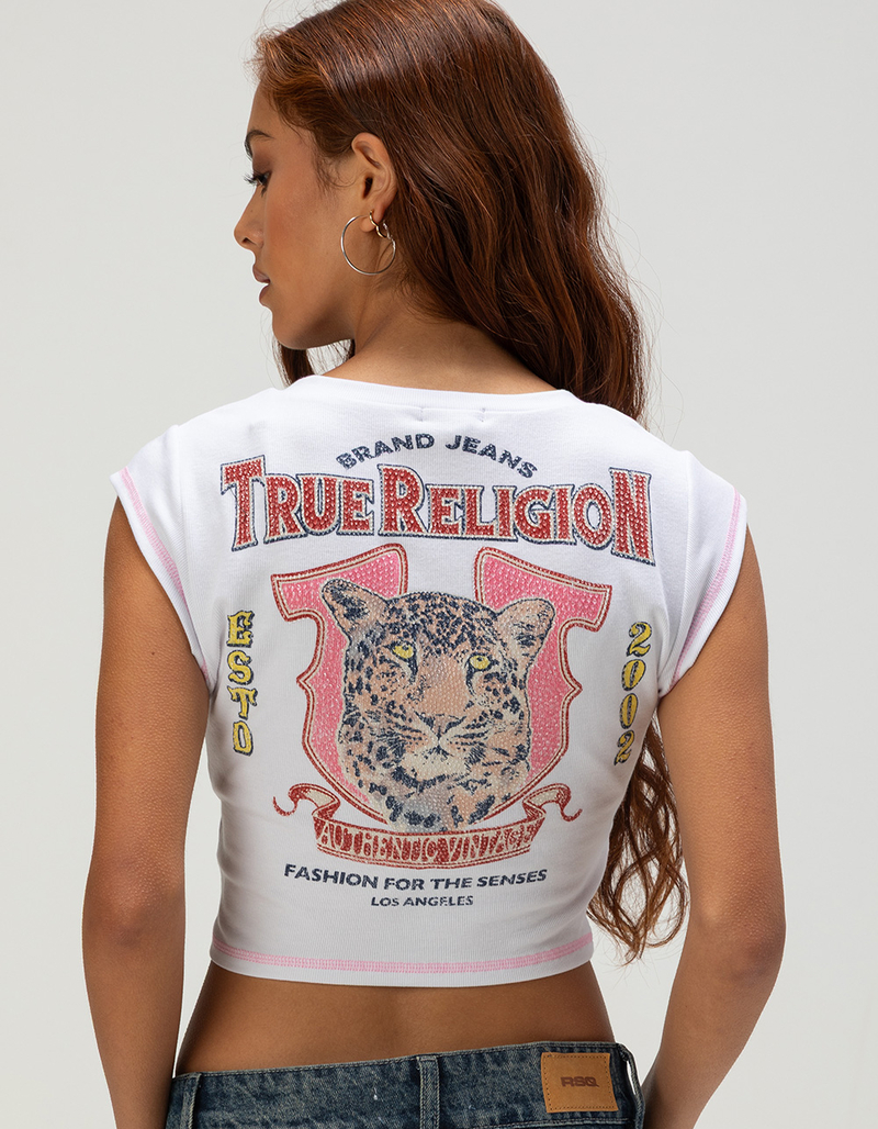 TRUE RELIGION Crystal Leopard Womens Ribbed Notch Baby Tee image number 2
